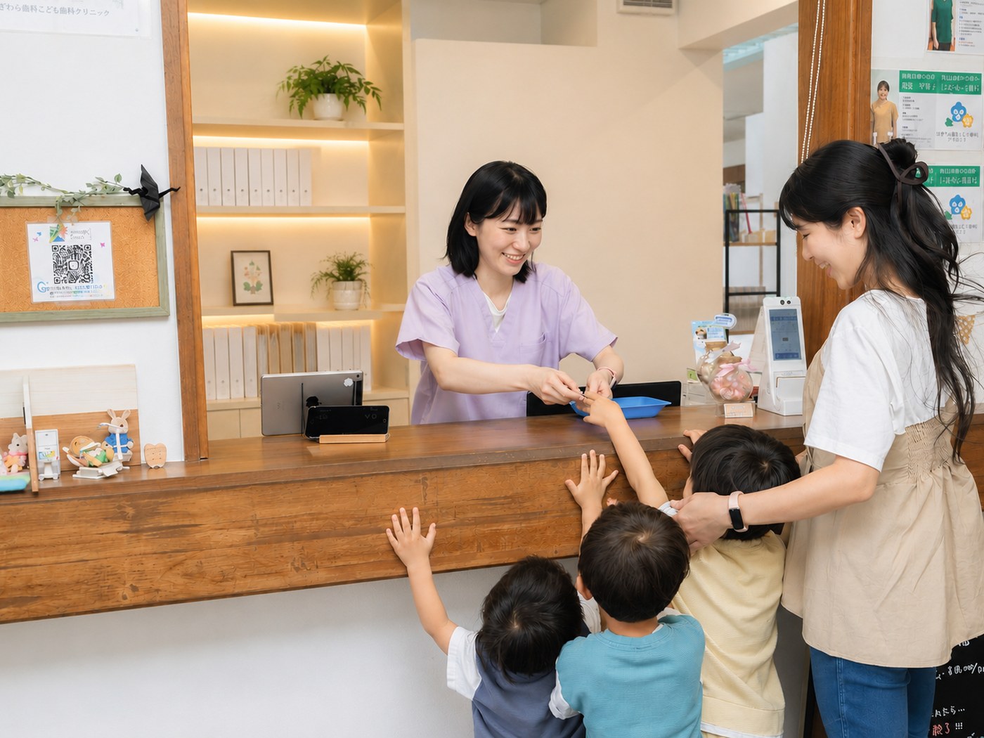受付でお子さまとご家族に対応する様子
