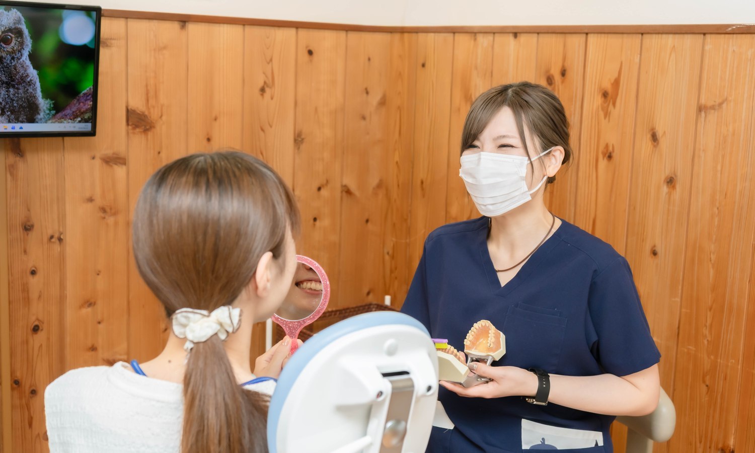 歯科衛生士が模型を使って予防ケアを説明する様子