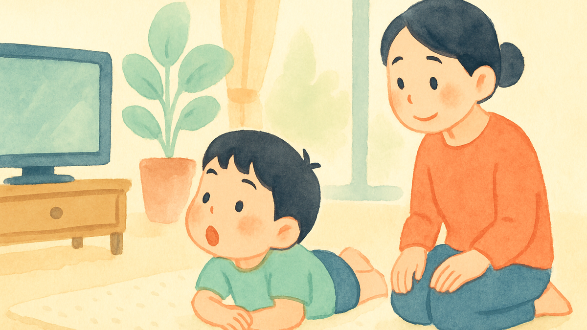 テレビを見ながら口がぽかんと開いた子どもと、やさしく見守る保護者のイラスト
