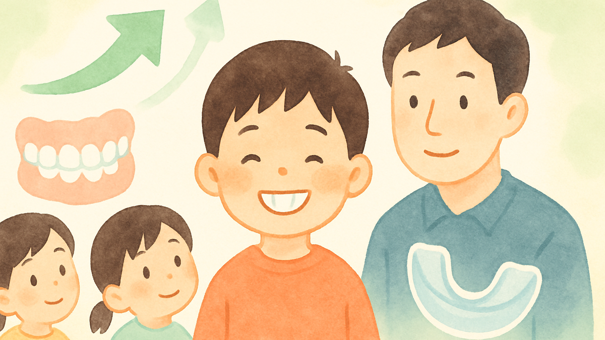 歯科医院で子どもの口元を優しく確認する歯科医師と保護者のイラスト