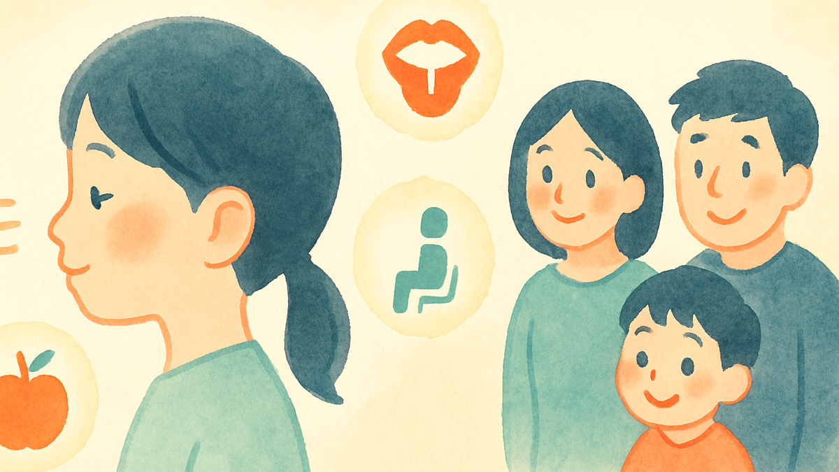 子どもの歯並びを気にかける保護者と、笑顔の子どものやさしいイラスト