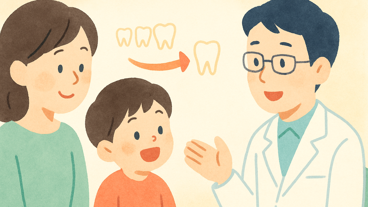 生えかわりの時期の子どもと保護者が、歯科医師にお口の中を見てもらいながら相談している、やさしい雰囲気のイラスト