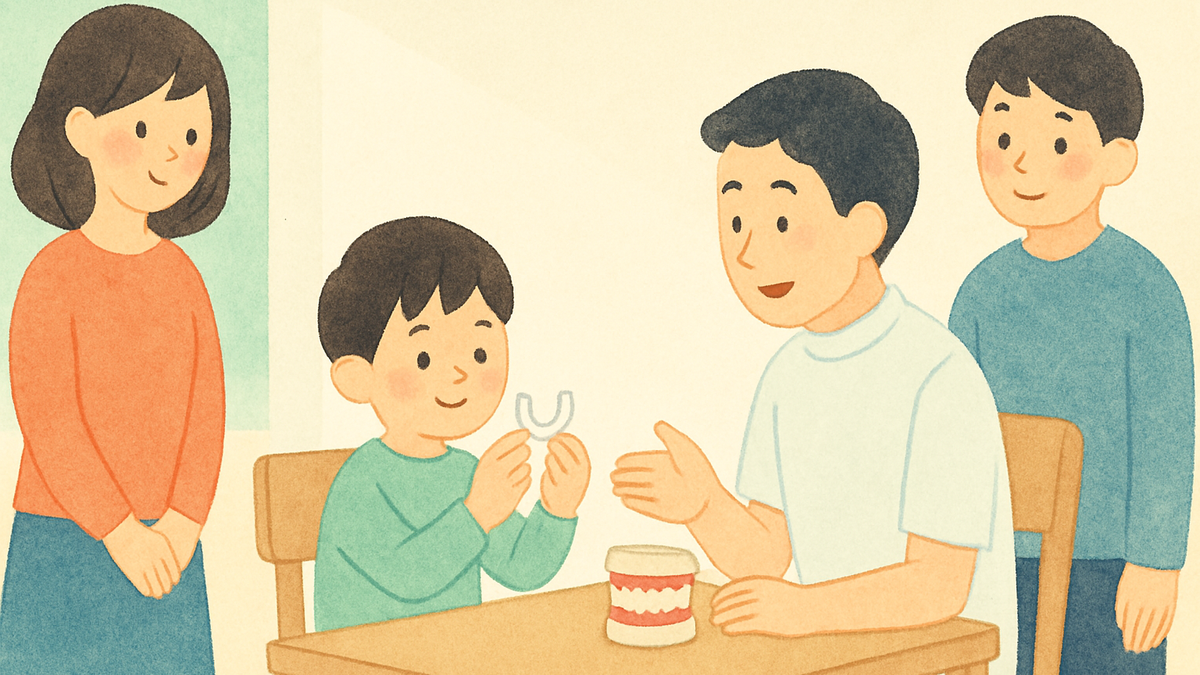 やわらかいマウスピース型の装置を手に、子どもと保護者に説明する歯科医師のイラスト