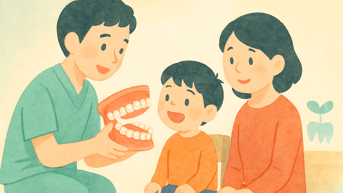 下の前歯が上の前歯より前に出た噛み合わせを、歯科医師が保護者と子どもにやさしく説明しているイラスト