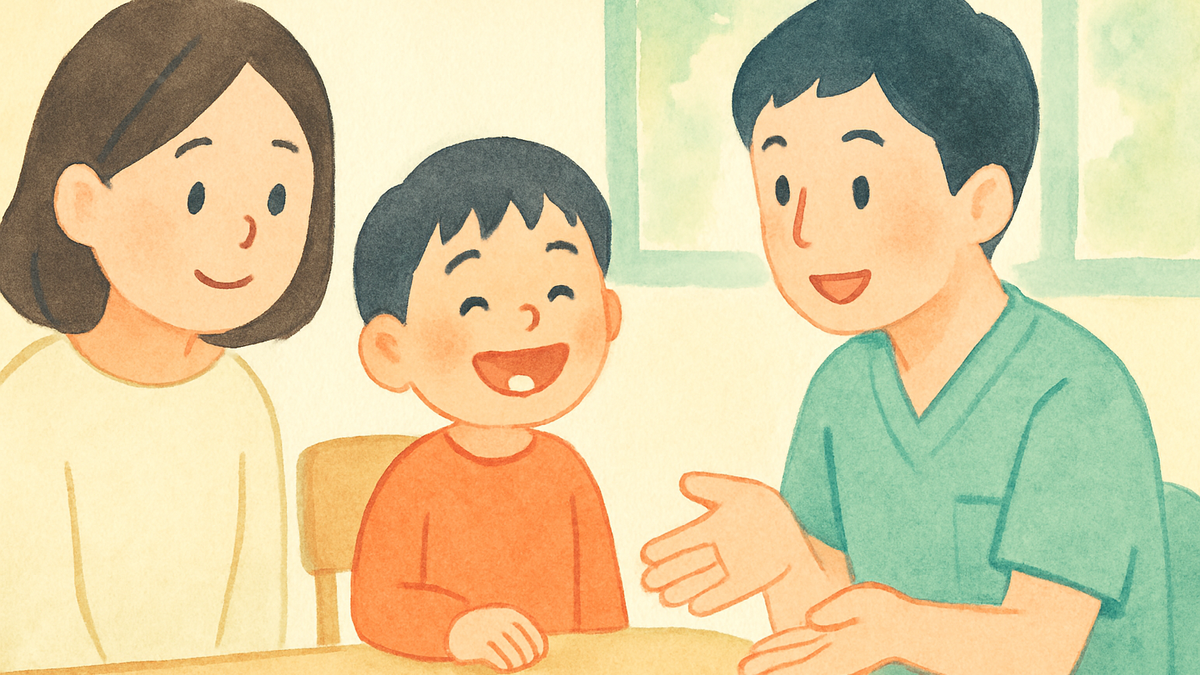 前歯の生えかわりの時期の子どもと保護者に、歯科医師がやさしく説明しているイラスト